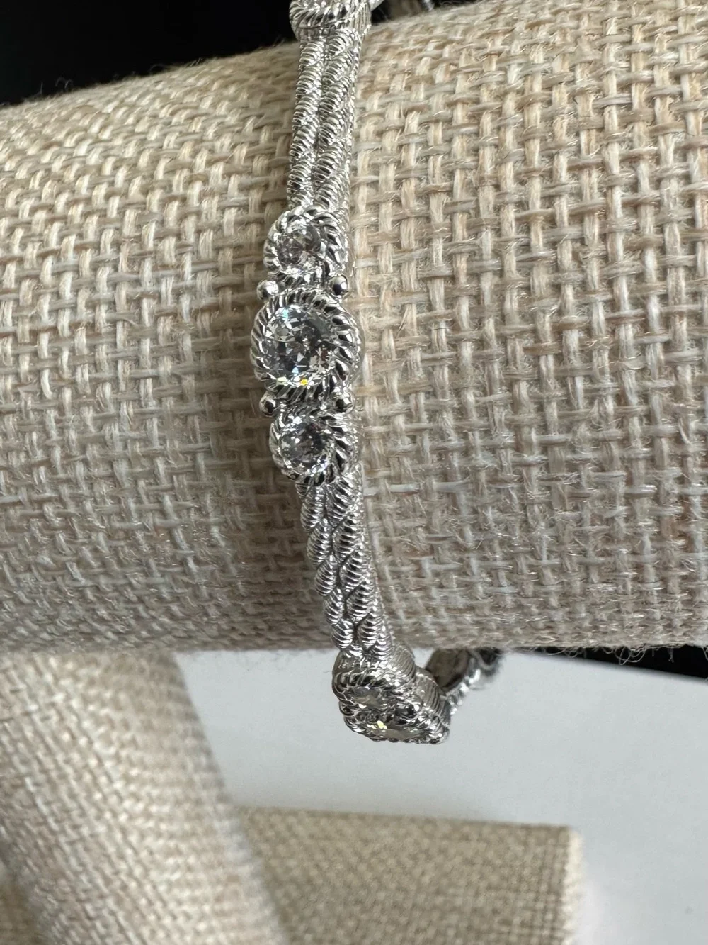 Judith Ripka 925 Silver Textured Bangle w/ Stations 3  Round Diamonique Crystals - Picture 2 of 9